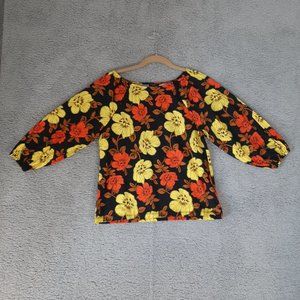 Ann Taylor P Knits Top Floral Yellow and Red on Black
